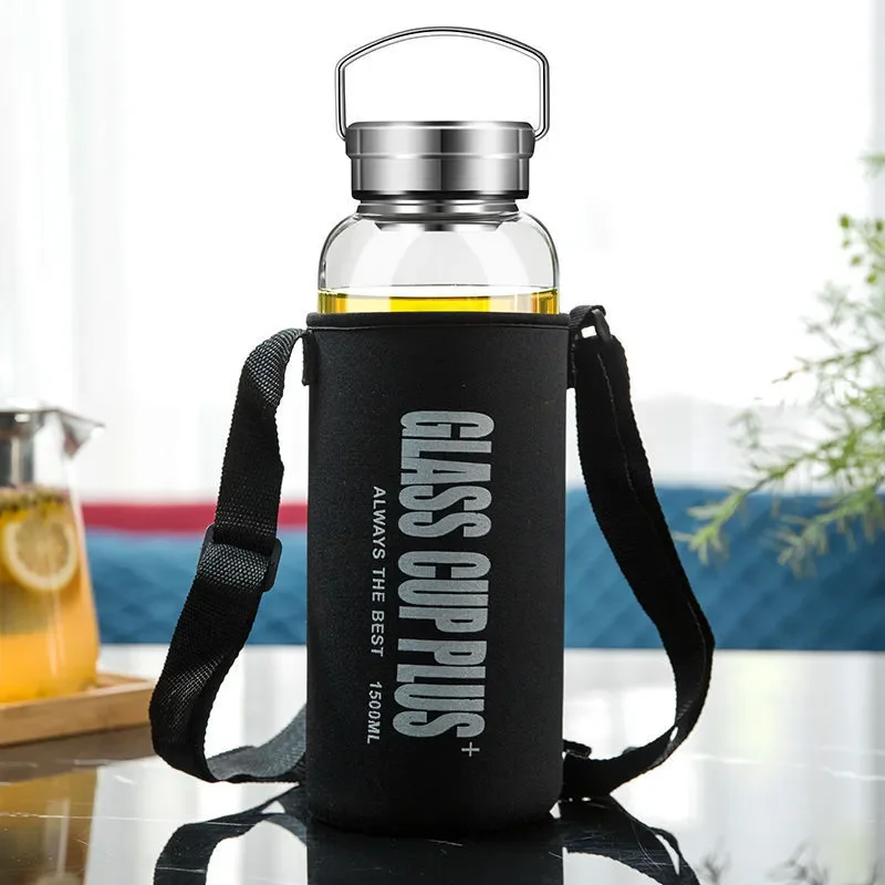 2L glazen waterfles met riem,  - Outdoor Sport Glass Water Bottle recensie en prijs