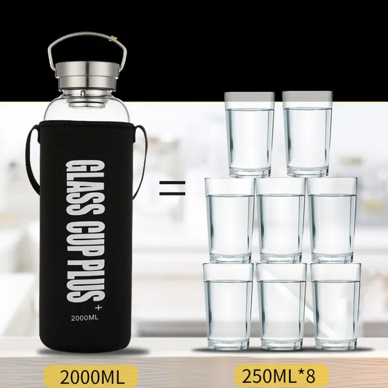 2L glazen waterfles met riem,  - Outdoor Sport Glass Water Bottle recensie en prijs